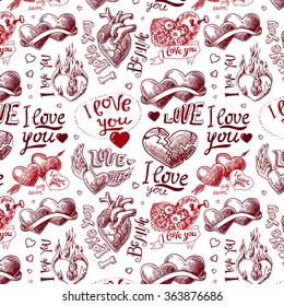 Seamless pattern of hand- drawn beautiful sketch hearts