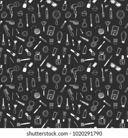 Seamless pattern with hand drawn beauty, make up, cosmetic doodles on a blackboard background