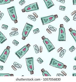 Seamless pattern with hand drawn beauty products. For textile, wallpaper, fabric etc.