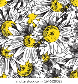 Seamless pattern with hand drawn bee collecting honey on flowers. Vintage design sketched vector illustration. Line art style. Flyer, banner, advertising and design.