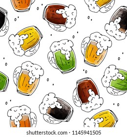 Seamless pattern with hand drawn beer mugs on white background. Design element for fabric or gift wrap.