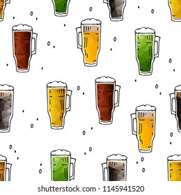 Seamless pattern with hand drawn beer mugs on white background. Design element for fabric or gift wrap.