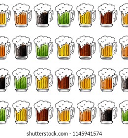 Seamless pattern with hand drawn beer mugs on white background. Design element for fabric or gift wrap.