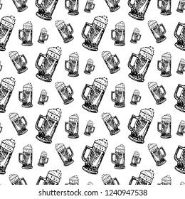 Seamless pattern hand drawn beer mug. Doodle black sketch. Sign symbol. Decoration element. Isolated on white background. Flat design. Vector illustration.