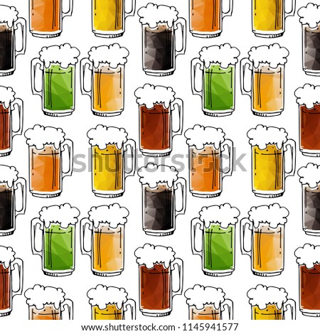Seamless pattern with hand drawn beer mugs on white background. Design element for fabric or gift wrap.