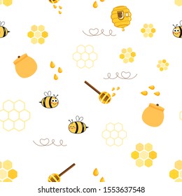 Seamless pattern with hand drawn bees,  honey dipper, beehive and jar on white background. Funny cartoon character vector illustration. Cute and cheerful doodle style.