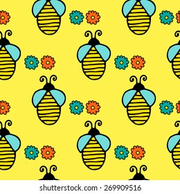 Seamless pattern with hand drawn bees