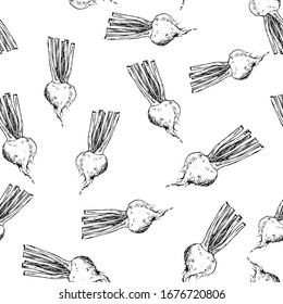 Seamless pattern Hand Drawn beet doodle. Sketch style icon. Decoration element. Isolated on white background. Flat design. Vector illustration.