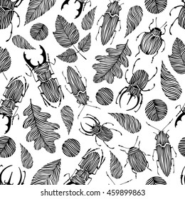 Seamless pattern with hand drawn beetles and leaves. Forest background.