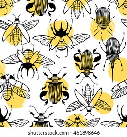 Seamless pattern with hand drawn beetles.