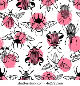 Seamless pattern with hand drawn beetles.