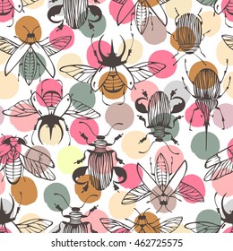 Seamless pattern with hand drawn beetles. Vintage background.