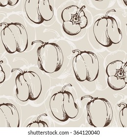 Seamless pattern with hand drawn bell peppers in vintage style, retro beige vegetables background