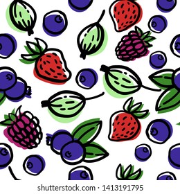 Seamless pattern of hand drawn berries: raspberry, blueberry, gooseberry, strawberry. Stylized linear cartoon doodle. Colored with outline, no backgtound.