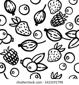 Seamless pattern of hand drawn berries: raspberry, blueberry, gooseberry, strawberry. Stylized linear cartoon doodle. Outline, no backgtound.