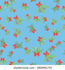 Seamless pattern with hand drawn berries mistletoe, christmas florals. Repeating background for wrapping paper, fabric, stationary products decoration.