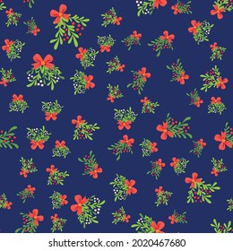 Seamless pattern with hand drawn berries mistletoe, christmas florals. Repeating background for wrapping paper, fabric, stationary products decoration.