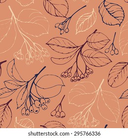 Seamless pattern with hand drawn berries and leaves. Dark blue, maroon, tan on salmon background