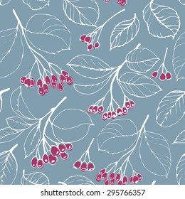 Seamless pattern with hand drawn berries and leaves. White, purple, on grey blue background