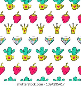 Seamless pattern with hand drawn berrys , cactus , diamond and crown. Vector background