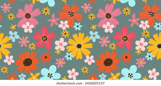 Patrón sin fisuras con flores de primavera o verano dibujadas a mano sobre fondo verde en estilo vector plano. Para el textil, papel pintado, envoltura.