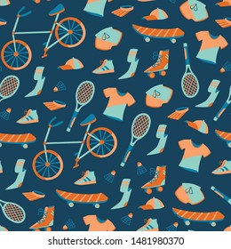 Seamless Pattern with Hand Drawn Bikes, Skateboards, Roller and Accessories.