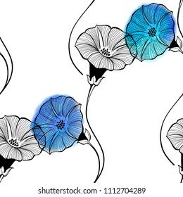 Seamless pattern with hand drawn bindweed flowers and watercolor elements on white background. Vector illustration. 