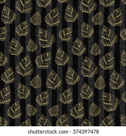 Seamless pattern with hand drawn birch tree leaves. Autumn collection. Luxury style.  Fall golden leaves on black background. Vector illustration