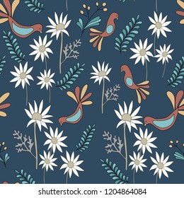 seamless pattern hand drawn bird flower and leaf in vector illustration