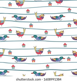 Seamless pattern with hand drawn bird in the white backdrop. pattern texture for fabric, wrapping, textile, wallpaper, apparel.