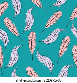 Seamless pattern with hand drawn bird feathers on a turquoise background. Doodle, simple contour illustration. It can be used to decorate textiles, paper or other surfaces.