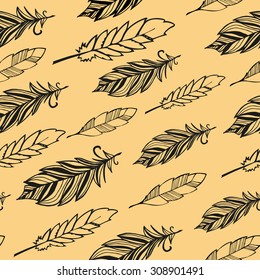 Seamless pattern. Hand drawn bird black feathers. Vector illustration