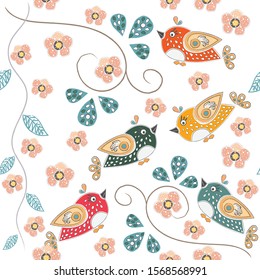 Seamless Pattern with Hand Drawn Birds. Scandinavian Style. 
