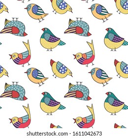Seamless pattern with hand drawn birds in the white backdrop. pattern texture for fabric, wrapping, textile, wallpaper, apparel.