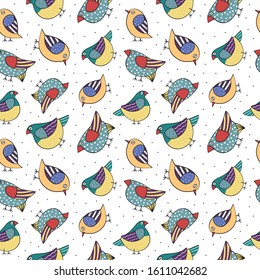 Seamless pattern with hand drawn birds in the white backdrop. pattern texture for fabric, wrapping, textile, wallpaper, apparel.