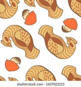 Patrón inexorable de aves dibujadas a mano y champiñones aislados en fondo blanco. Ilustración vectorial con criaturas forestales.