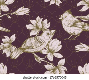 Nahtlose Muster mit handgezeichneten Vögeln und Magnolien 
