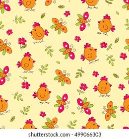 Seamless pattern with hand drawn birds and flowers