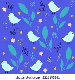 Seamless pattern with hand drawn birds,flowers and abstract elements,spring clipart,botanical illustration for wrapping and textile,minimalist print,abstract floral motif for kids fashion,home decor