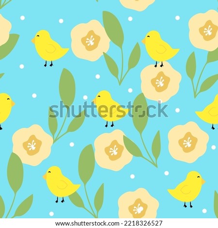 Seamless pattern with hand drawn birds,flowers and abstract elements,botanical illustration for wrapping and textile,minimalist print,abstract floral motif for Easter decoration,mothers day.
