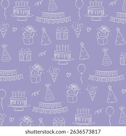 Seamless pattern with hand drawn birthday doodles. Festive party icons of cake, balloons, presents, hats, banners, confetti, and streamers. Cute birthday design for kids party invitations.