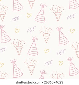 Seamless pattern with hand drawn birthday doodles. Festive party icons of hats, confetti, and streamers. Cute birthday design for kids party invitations.