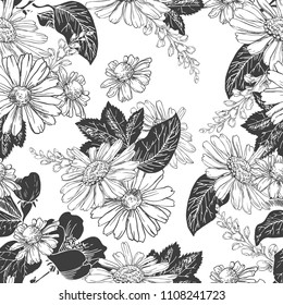 Seamless pattern with hand drawn black and white chamomiles, bluebells and leaves on white background, Wallpaper with field flowers. Vector illustration.  Page of coloring book