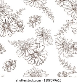 Seamless pattern with hand drawn black and white chamomiles, bluebells and leaves on white background, Wallpaper with field flowers. Vector illustration. Page of coloring book