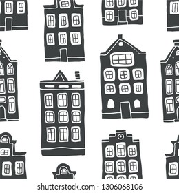 Seamless pattern with hand drawn black and white houses in scandinavian style. Perfect for fabric. textile, wallpaper. Vector Illustration - Vector