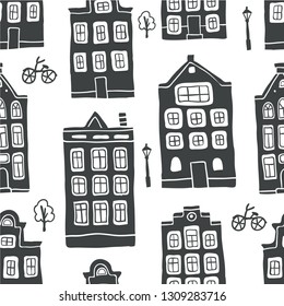 Seamless pattern with hand drawn black and white houses, bicycle, street lights, trees in scandinavian style. Perfect for fabric. textile, wallpaper. Vector Illustration - Vector