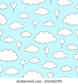 Seamless pattern with hand drawn black and white clouds and balloons on a light blue background.Doodle print for fabric,wrapping paper,wallpaper,planners,mugs,background for your design