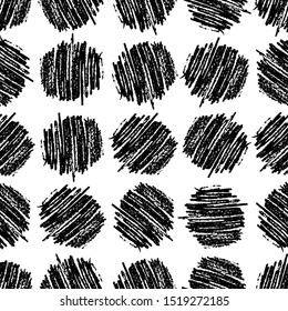 Seamless pattern with hand drawn black circle scribble smear. Abstract grunge texture. Vector illustration