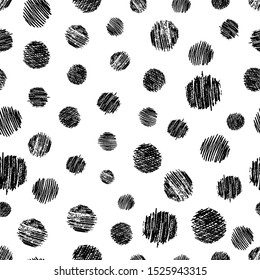 Seamless pattern with hand drawn black circle scribble smear. Abstract grunge texture. Vector illustration