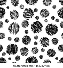 Seamless pattern with hand drawn black circle scribble smear. Abstract grunge texture. Vector illustration